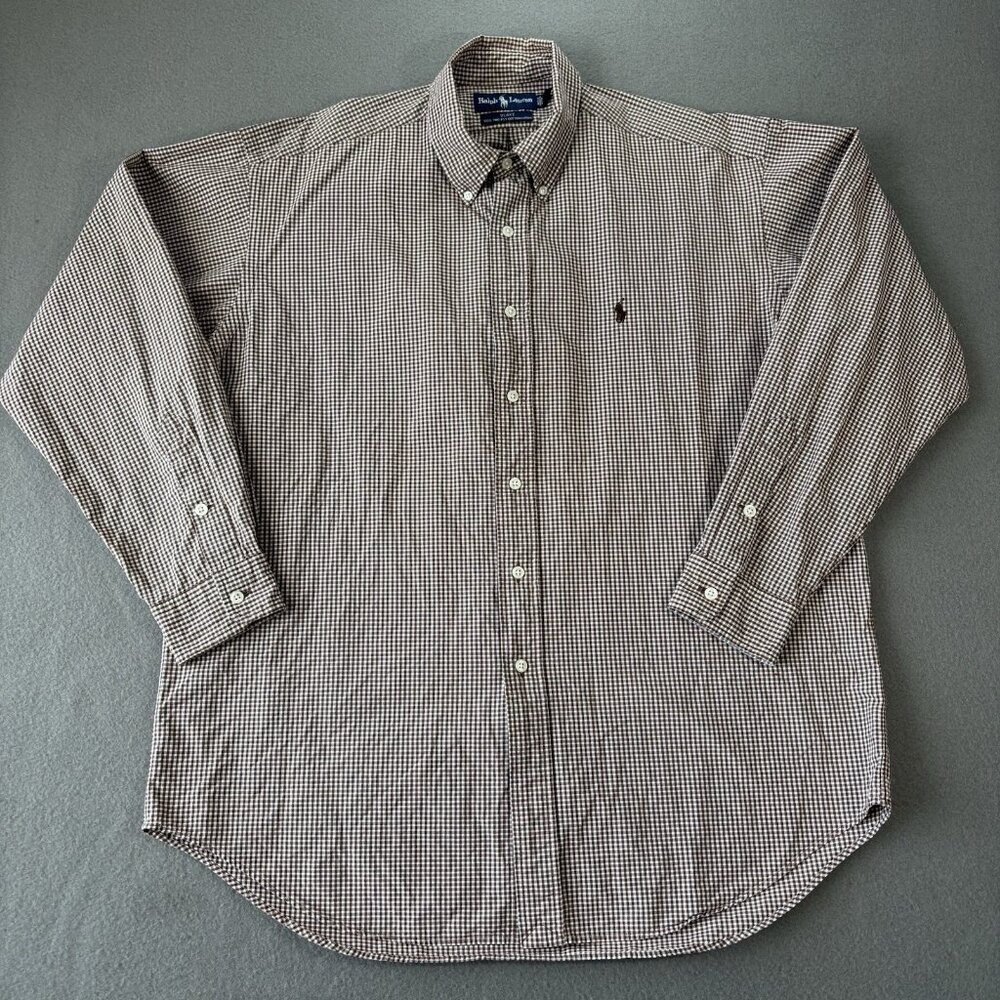 Vintage Polo Ralph Lauren Shirt Mens‎ L Blake Brown Mini-Check Button Up Preppy